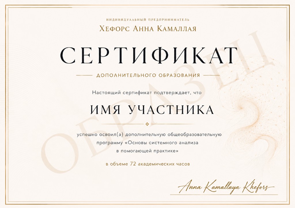 Образец сертификата дополнительного образования о прохождении программы «Основы системного анализа в помогающей практике»